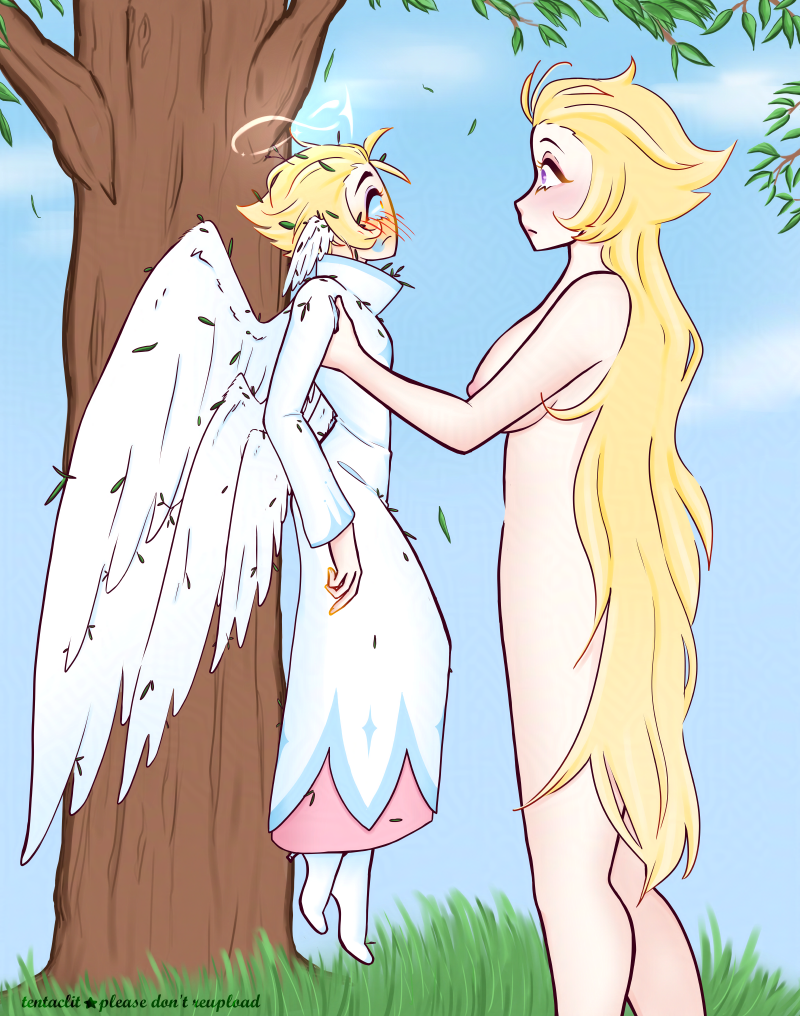 Human Lilith holding Angel!Lucifer up by his armpits. She's naked, Lucifer is dressed in a white robe with blue details and a pink underskirt, small leaves stuck to him. There's a tree behind them, branches of additional trees in the upper corners. Lucifer is blushing madly.